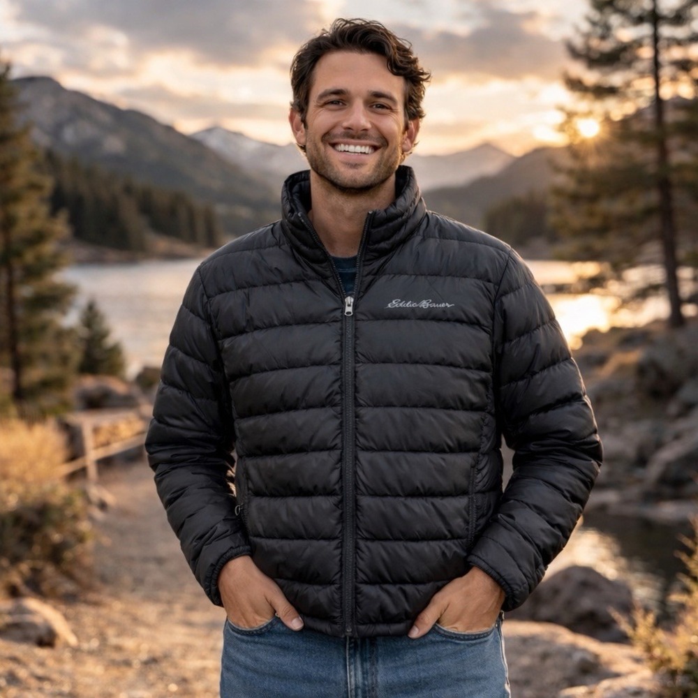 Eddie Bauer Stratuslite 650 Down Puffer Jacket Men Small Black EB 650 Light